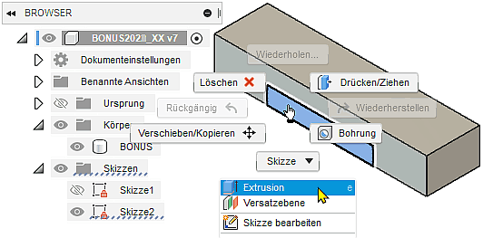 Software CAD - Fusion-Tutorial - BONUS - Skizzierte Elemente - Rechteckprofil Kontextmenu-Extrusion.gif
