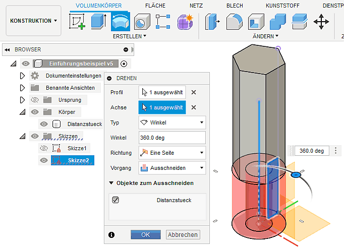 Software CAD - Fusion-Tutorial - Distanzstueck - Drehskizze Element erstellen.gif