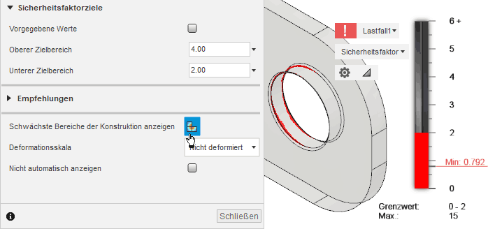Datei:Software CAD - Tutorial - 2D Komponente - Belastung - Beanspruchung - schwaechste Bereiche anzeigen.gif
