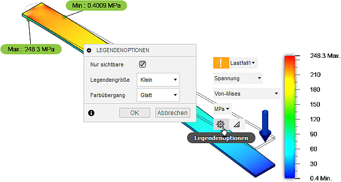 Datei:Software CAD - Tutorial - Analyse - Fusion 360 - Simulation Statisch Legendenoptionen.gif