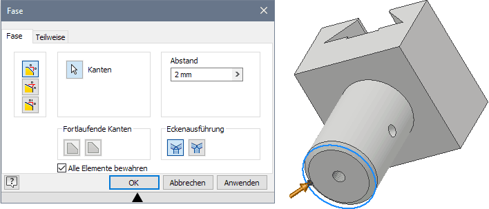 Datei:Software CAD - Tutorial - Bauteil - Kantenbearbeitung - Fase 2x2.gif