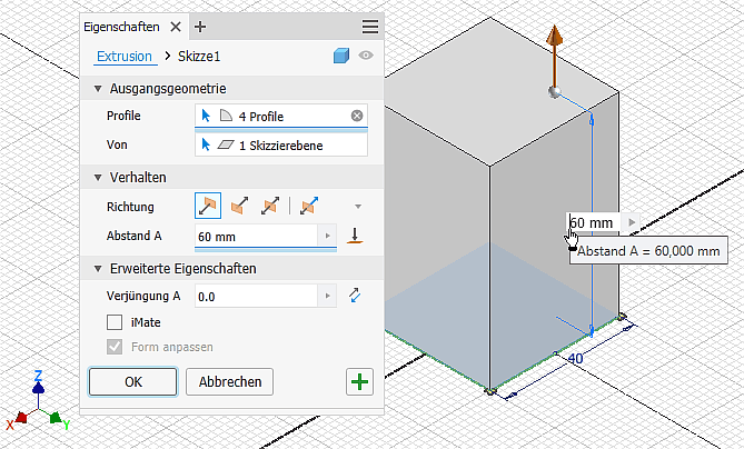 Software CAD - Tutorial - Bauteil - basiselement extrusion quader dialog.gif