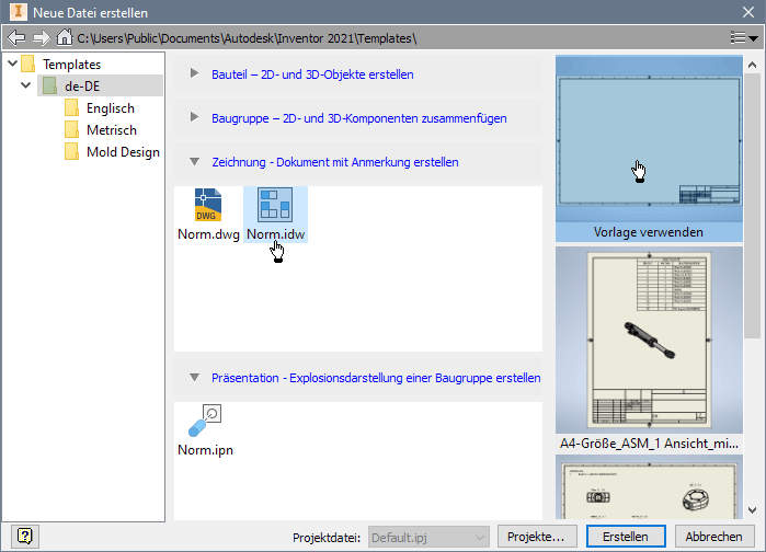 Software CAD - Tutorial - Bauteil - zeichnungsansichten - datei neu norm idw.gif