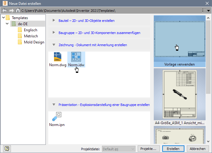 Datei:Software CAD - Tutorial - Bauteil - zeichnungsansichten - datei neu norm idw.gif