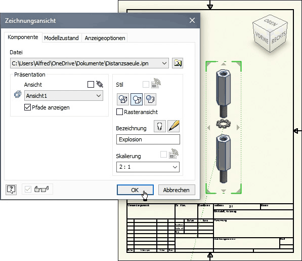 Datei:Software CAD - Tutorial - Intro - Distanzstueck - Baugruppe - Zeichnung Erstansicht.gif