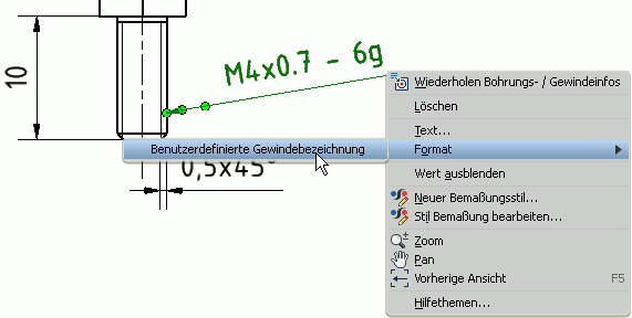 Datei:Software CAD - Tutorial - Intro - Distanzstueck - Zeichnungsansichten - Bemaszung Gewinde benutzerdef.gif