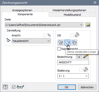 Datei:Software CAD - Tutorial - Intro - Distanzstueck - Zeichnungsansichten - Erstansicht konfigurieren.gif