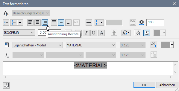 Software CAD - Tutorial - Intro - Distanzstueck - Zeichnungsansichten - Schriftfeld Editor Materialtext.gif