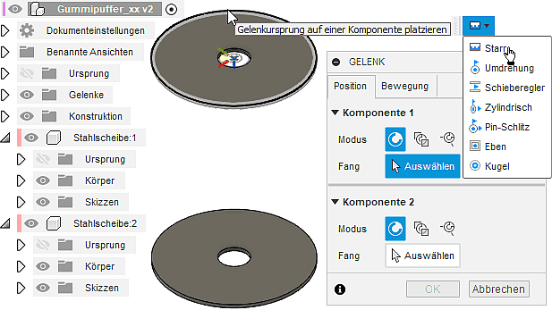 Datei:Software FEM - Tutorial - 3D-Baugruppe - Bauteil Verbindung Gelenkbefehl Ursprung Komponente1 waehlen.gif