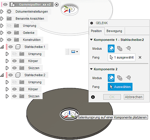Datei:Software FEM - Tutorial - 3D-Baugruppe - Bauteil Verbindung Gelenkbefehl Ursprung Komponente2 waehlen.gif