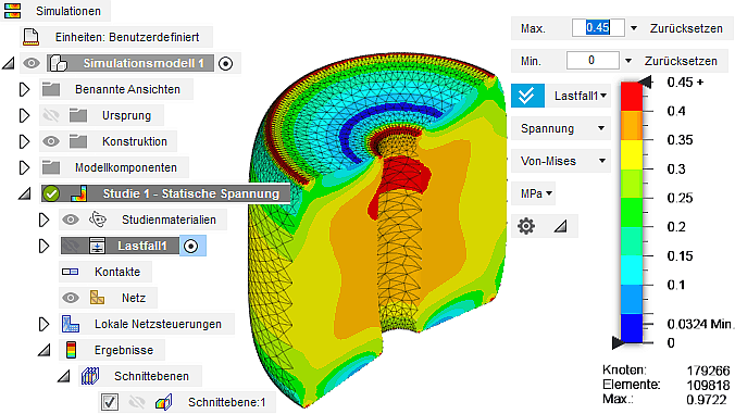 Datei:Software FEM - Tutorial - 3D-Baugruppe - CAD-Belastungsanalyse Postprocessing Schnittebene mit Ergebnis.gif