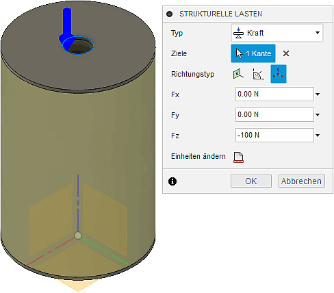 Datei:Software FEM - Tutorial - 3D-Baugruppe - CAD-Belastungsanalyse Preprocessing Kraft auf Lochkante.gif