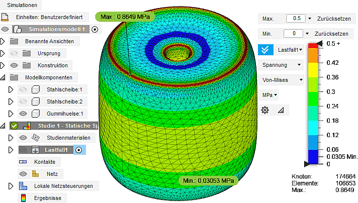Datei:Software FEM - Tutorial - 3D-Baugruppe - CAD-Belastungsanalyse Preprocessing Mises-Spannung im Gummi.gif