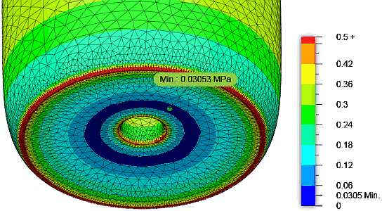 Datei:Software FEM - Tutorial - 3D-Baugruppe - CAD-Belastungsanalyse Preprocessing Mises-Spannung im Gummi unten.gif