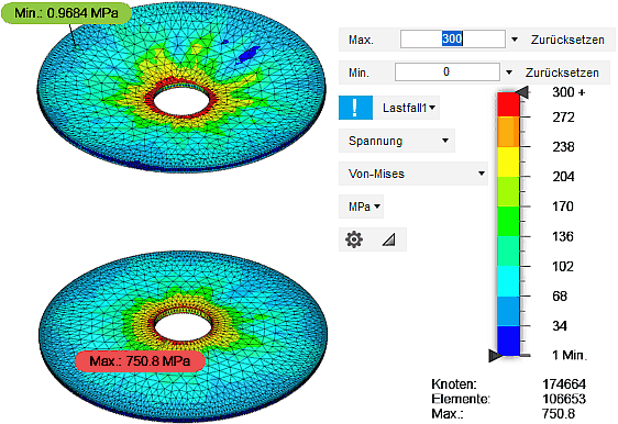 Datei:Software FEM - Tutorial - 3D-Baugruppe - CAD-Belastungsanalyse Preprocessing Mises-Spannung in Stahlscheiben.gif