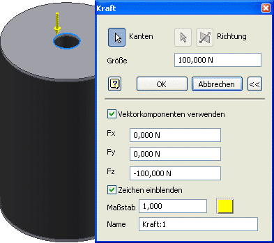 Software FEM - Tutorial - 3D-Mechanik - Belastungsanalyse - kraft auf lochrand.gif