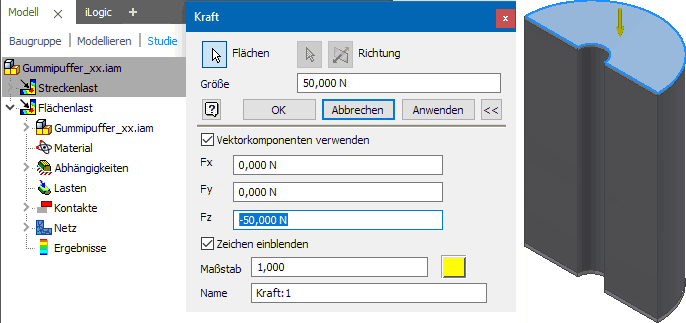 Software FEM - Tutorial - 3D-Mechanik - Belastungsanalyse - lastfall kraft auf flaeche.gif