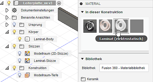 Software FEM - Tutorial - Elektrostatik - Fusion - CAD-Modell - Bereiche - Laminat-Bereich Materialzuweisung.gif