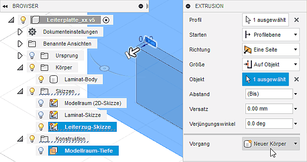 Software FEM - Tutorial - Elektrostatik - Fusion - CAD-Modell - Bereiche - Leiterzug-Bereich als neuer Koerper.gif