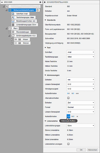 Datei:Software CAD - Fusion-Tutorial - Distanzstueck - Zeichnungsansichten - Dokumenteneinstellungen aktuelle Zeichnung.gif