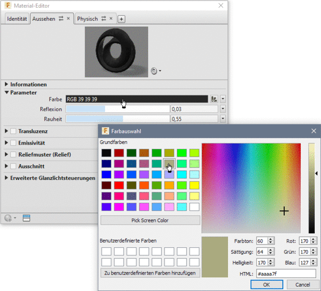 Datei:Software FEM - Tutorial - 3D-Baugruppe - CAD-Belastungsanalyse Preprocessing Gummi-Farbe waehlen.gif